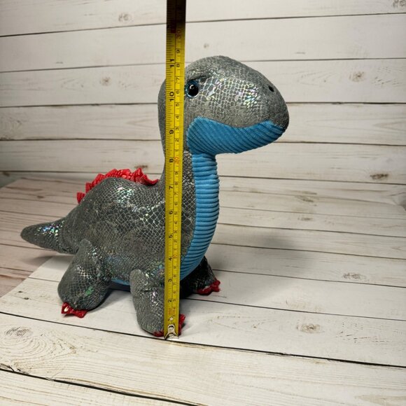 Metallic Sparkly Brontosaurus Dinosaur Plush Toy With Blue Belly & Red Spikes - Picture 8 of 8
